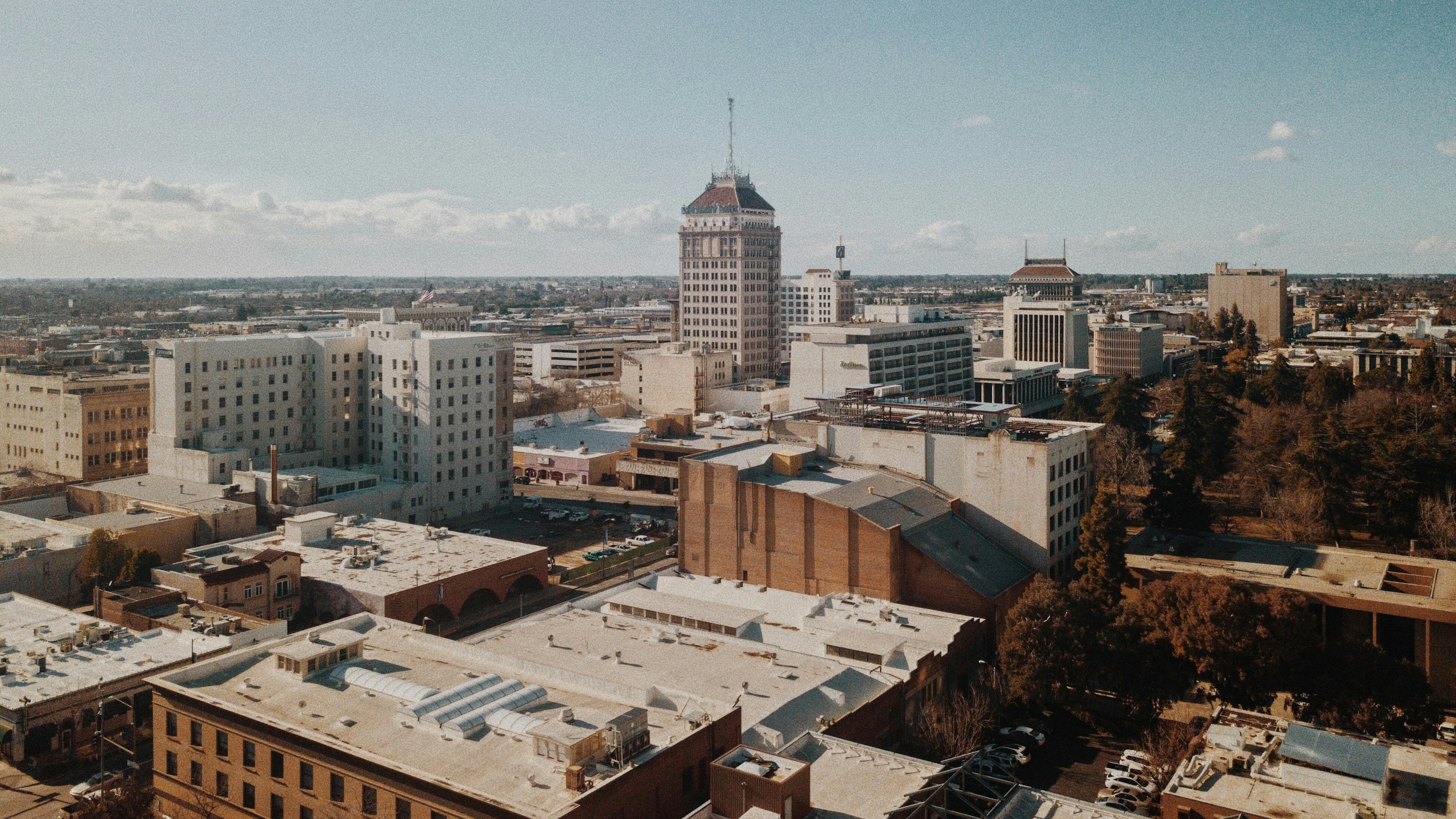 Downtown Fresno office towers seen from the air