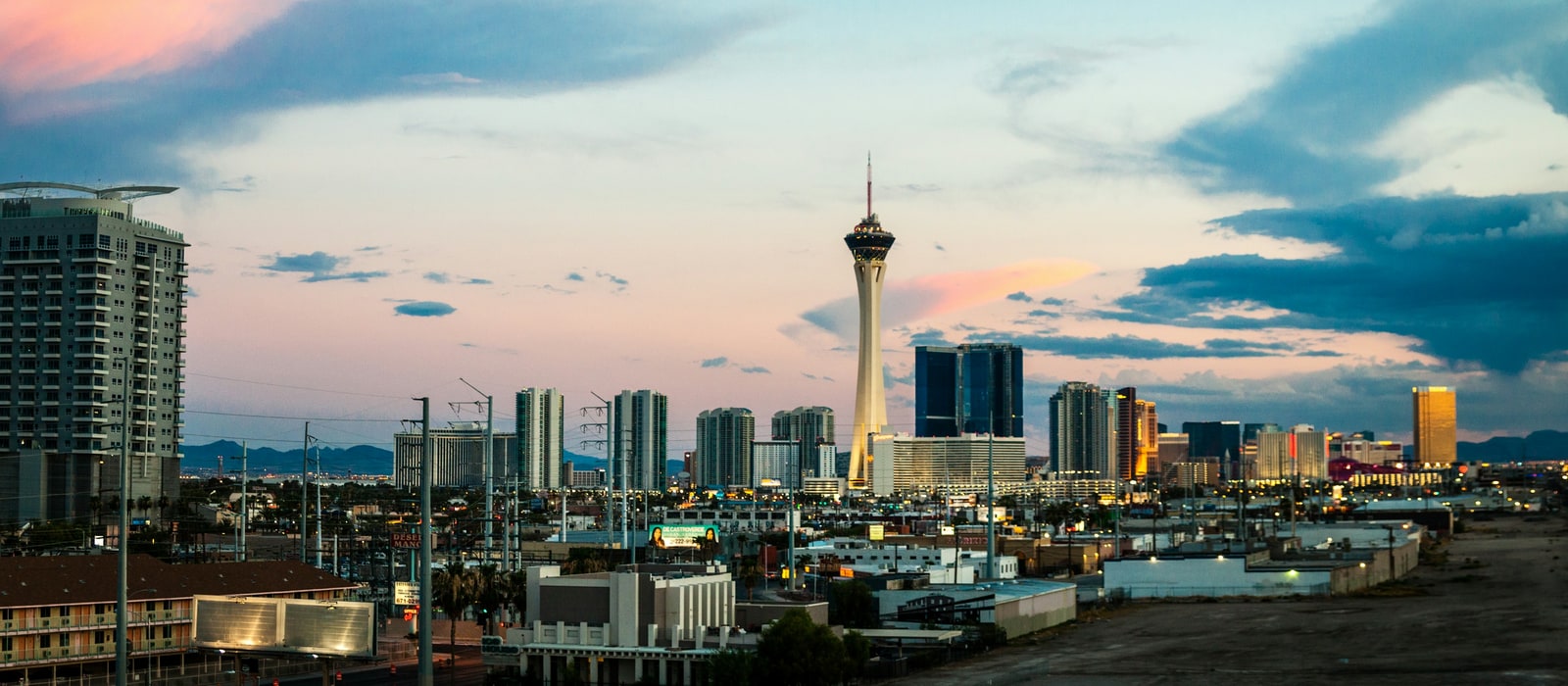 Las Vegas skyline at dusk with the Strat tower