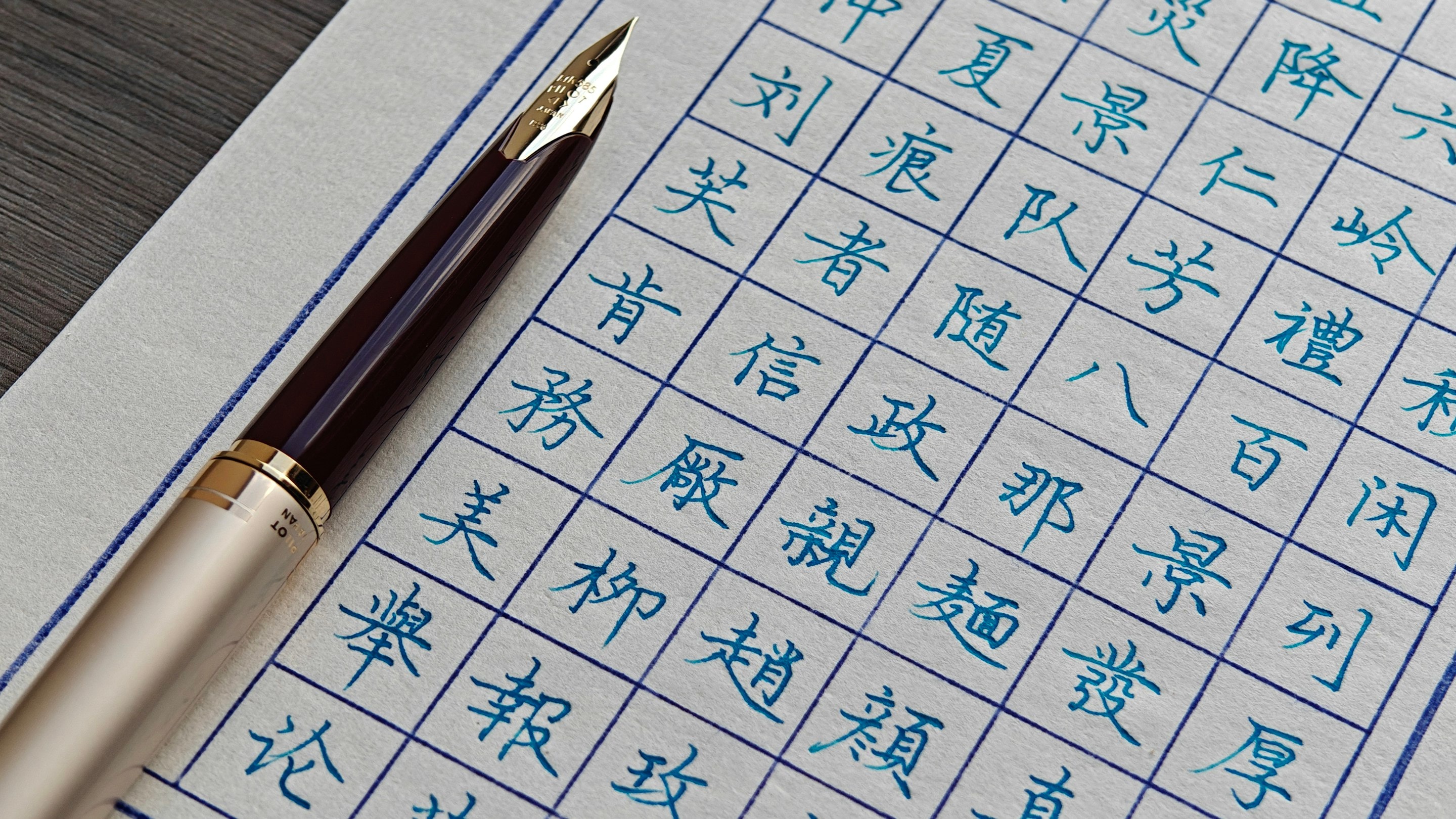 A fountain pen resting on a practice sheet of handwritten Chinese characters